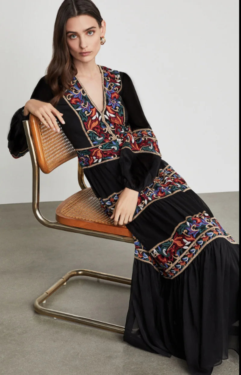 FashionSierra-Long Sleeve  V Neck  Maxi  Spring  Autumn  Ethnic  Floral Embroidery  Party  Cotton Boho Dress