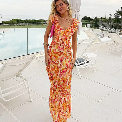 FashionSierra-Orange  Floral Printed  Maxi  Women  Sexy  Backless  Deep V Neck  Waistless  Long  Summer  Ruffles  Beach Boho Dress