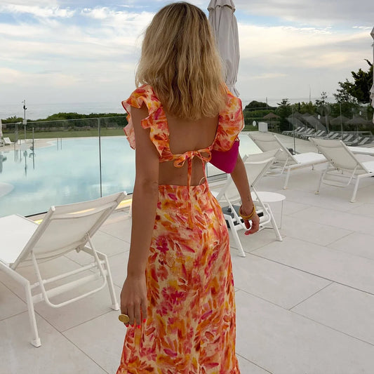 FashionSierra-Orange  Floral Printed  Maxi  Women  Sexy  Backless  Deep V Neck  Waistless  Long  Summer  Ruffles  Beach Boho Dress