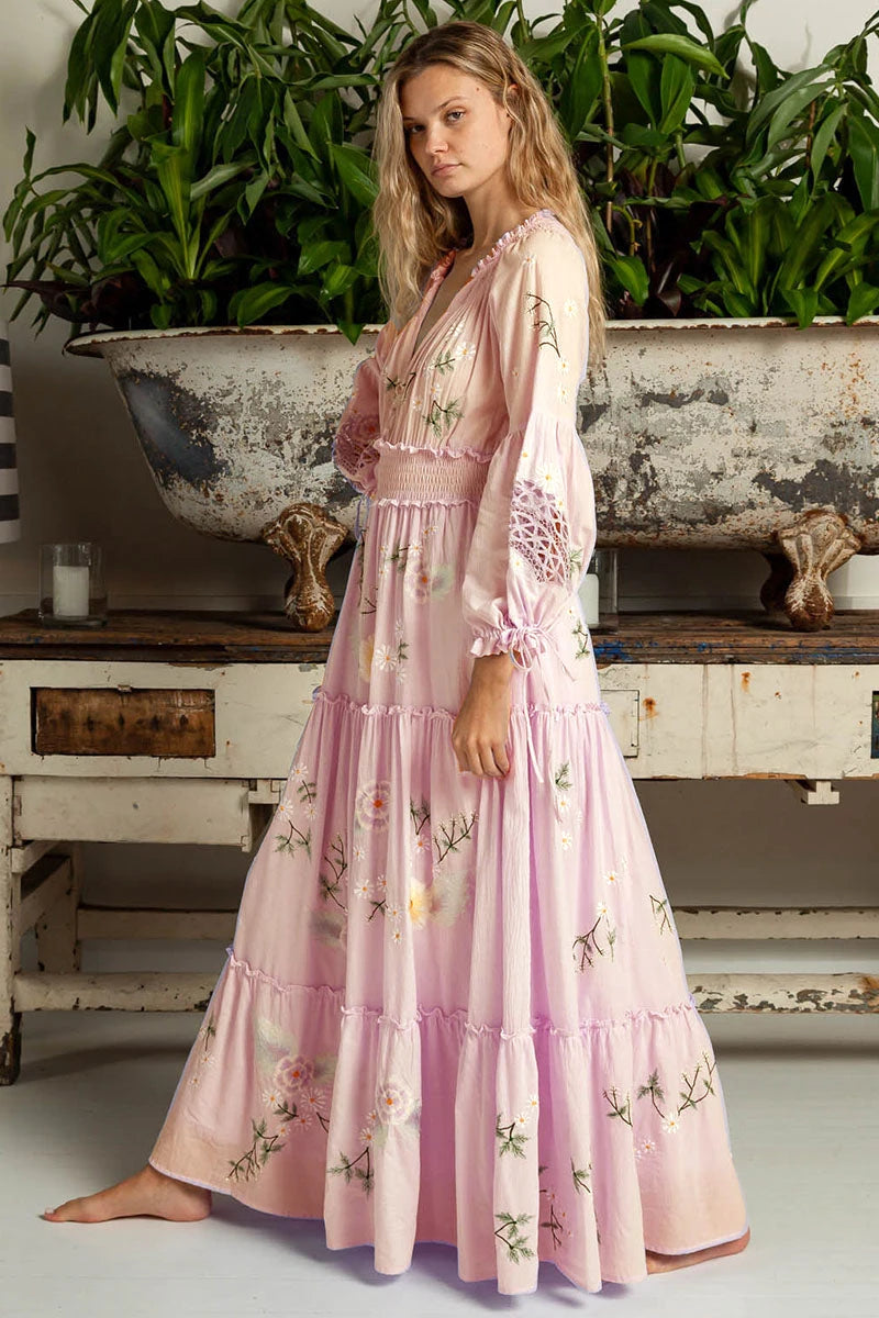 FashionSierra-Pink  Embroidery Floral  Women  Casual  Long Sleeve  2024 Vintage  Loose  High Waist  Robe Boho Dress