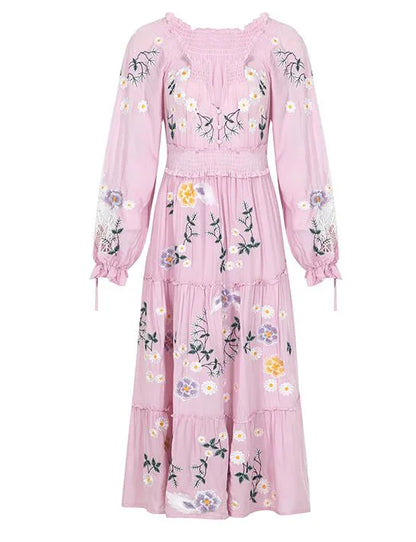 FashionSierra-Pink  Embroidery Floral  Women  Casual  Long Sleeve  2024 Vintage  Loose  High Waist  Robe Boho Dress