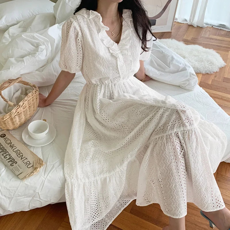 FashionSierra-Ruffle V-Neck Puff Sleeve Women Cotton White Hollow Out Embroidered Long Robe Female Vestidos 2024 Boho Dress