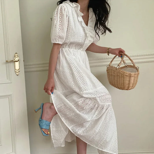 FashionSierra-Ruffle V-Neck Puff Sleeve Women Cotton White Hollow Out Embroidered Long Robe Female Vestidos 2024 Boho Dress