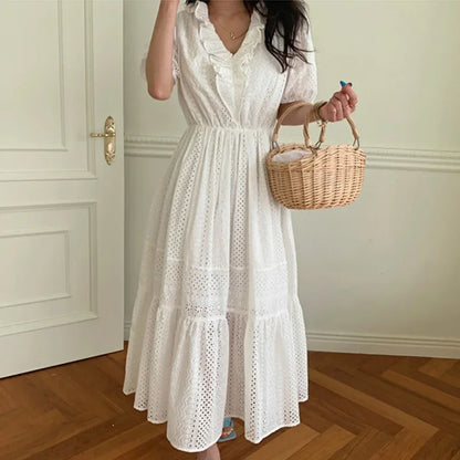 FashionSierra-Ruffle V-Neck Puff Sleeve Women Cotton White Hollow Out Embroidered Long Robe Female Vestidos 2024 Boho Dress