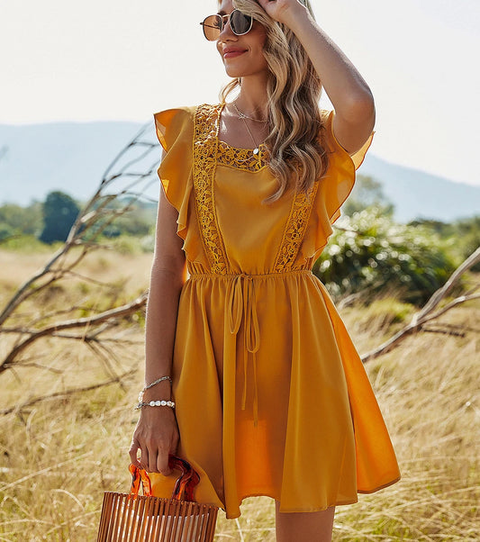 FashionSierra-Ruffles  Short Sleeve  Splice Lace  Mini  Women  Vintage  Yellow  Solid  Backless  Summer Boho Dress