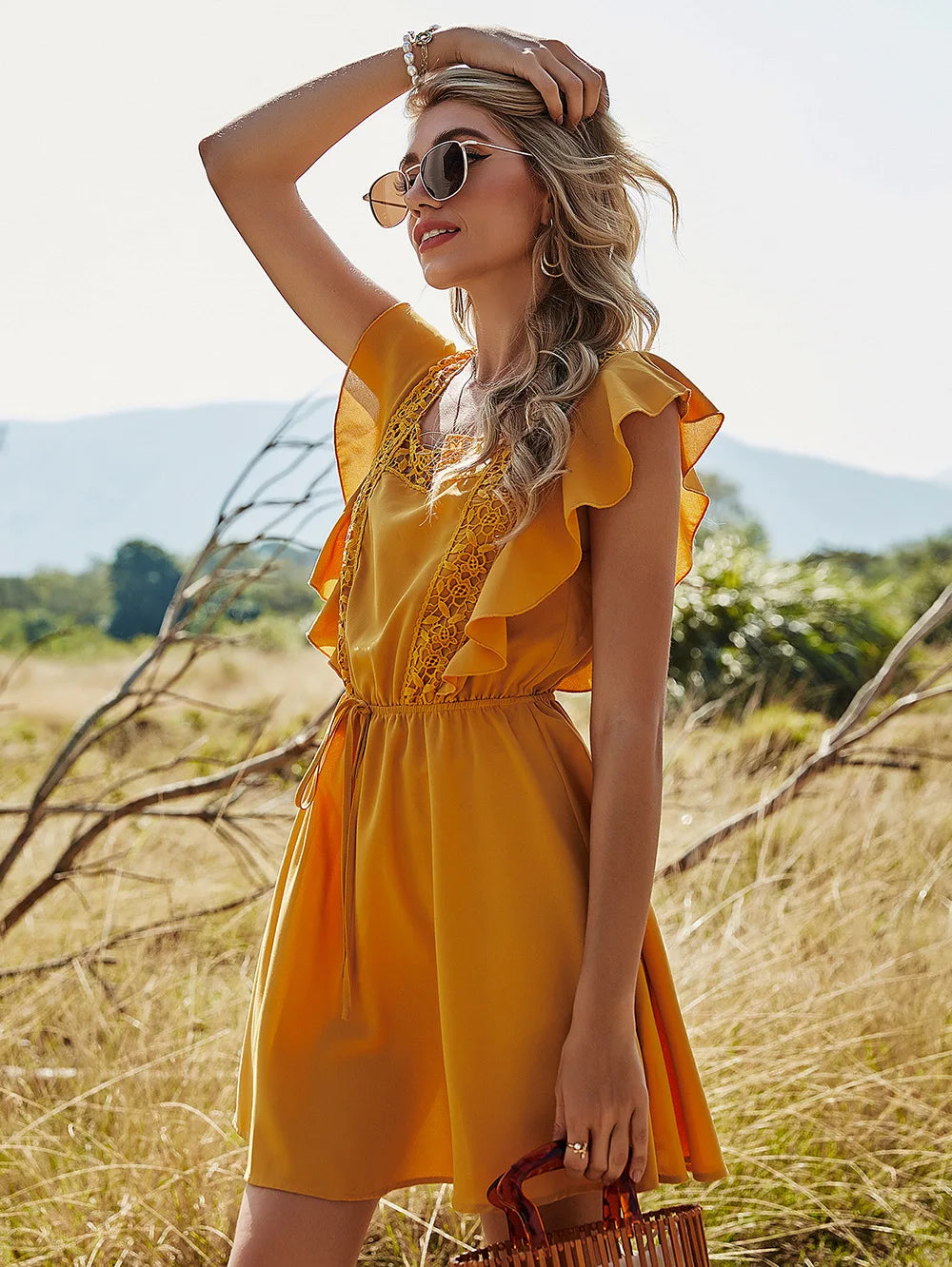 FashionSierra-Ruffles  Short Sleeve  Splice Lace  Mini  Women  Vintage  Yellow  Solid  Backless  Summer Boho Dress