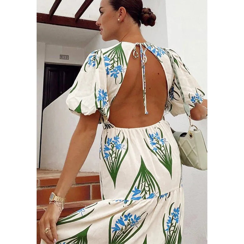 FashionSierra-Sexy  Backless  Maxi  For Women  Robe  Vintage  O-Neck  Floor-Length  Floral Print  Summer  Holiday  Vestidos Boho Dress