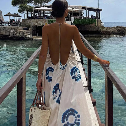 FashionSierra-Sexy  Backless  Sleeveless  Deep V Neck  Strap  Women  Robe  Print  Summer  Beach  Oversize  Loose  Vestidos Boho Dress