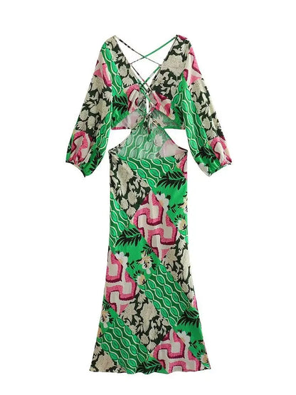 FashionSierra-Sexy  Deep V Neck  Backless  Maxi  Women  Beach  Cotton Linen Print  Long Sleeve  Autumn  Party  Vestidos Boho Dress