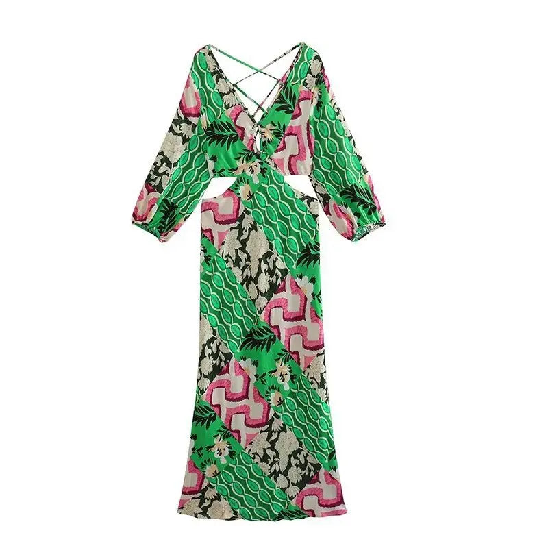 FashionSierra-Sexy  Deep V Neck  Backless  Maxi  Women  Beach  Cotton Linen Print  Long Sleeve  Autumn  Party  Vestidos Boho Dress