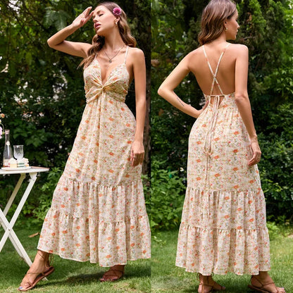FashionSierra-Sexy  Deep V Neck  Backless  Sleeveless  Long Strap  Women  Robe  Vintage  Floral Print  Summer  Beach  Vestidos Boho Dress