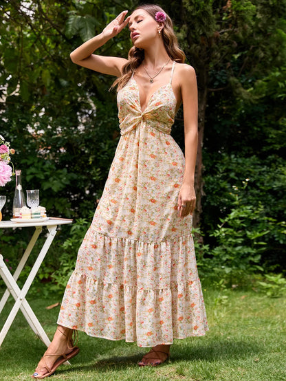 FashionSierra-Sexy  Deep V Neck  Backless  Sleeveless  Long Strap  Women  Robe  Vintage  Floral Print  Summer  Beach  Vestidos Boho Dress