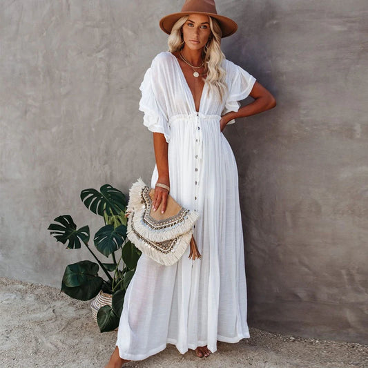 FashionSierra-Sexy  Deep V Neck  Maxi  Women  Backless  White Cotton  Summer  Ruffles  2024  Casual  Beach  Bikini Cover Up  Boho Dress
