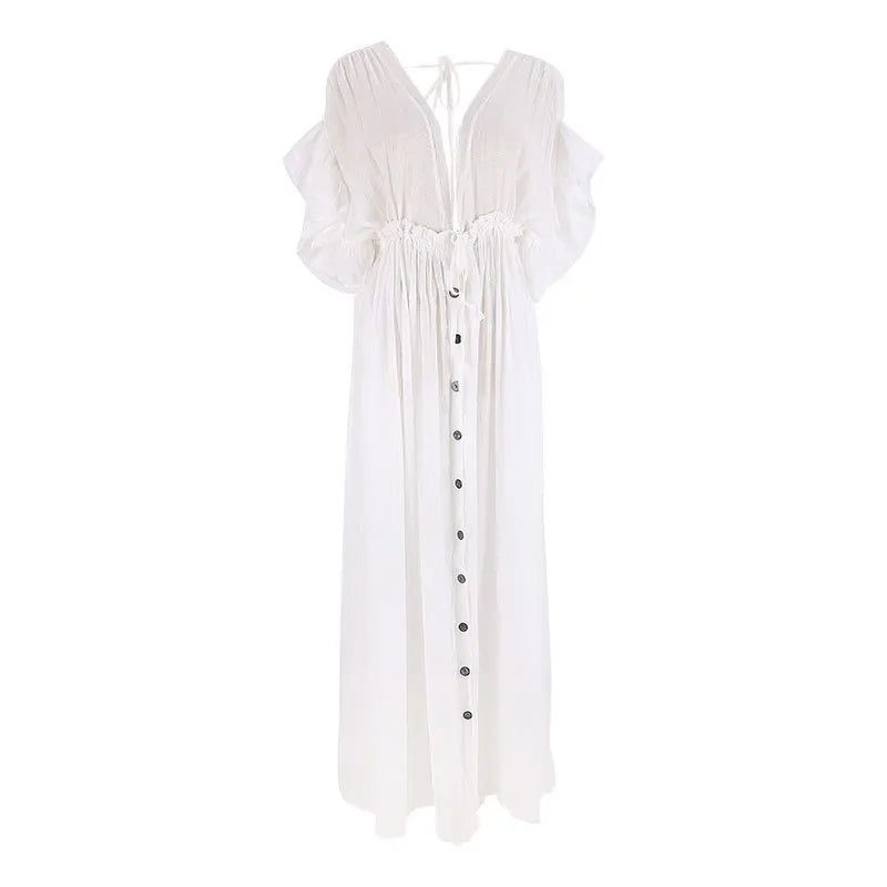 FashionSierra-Sexy  Deep V Neck  Maxi  Women  Backless  White Cotton  Summer  Ruffles  2024  Casual  Beach  Bikini Cover Up  Boho Dress