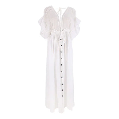 FashionSierra-Sexy  Deep V Neck  Maxi  Women  Backless  White Cotton  Summer  Ruffles  2024  Casual  Beach  Bikini Cover Up  Boho Dress