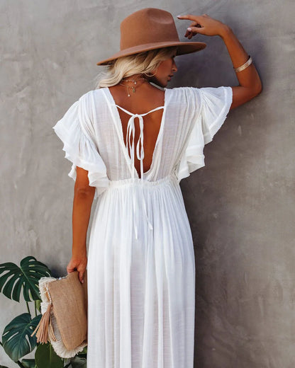 FashionSierra-Sexy  Deep V Neck  Maxi  Women  Backless  White Cotton  Summer  Ruffles  2024  Casual  Beach  Bikini Cover Up  Boho Dress