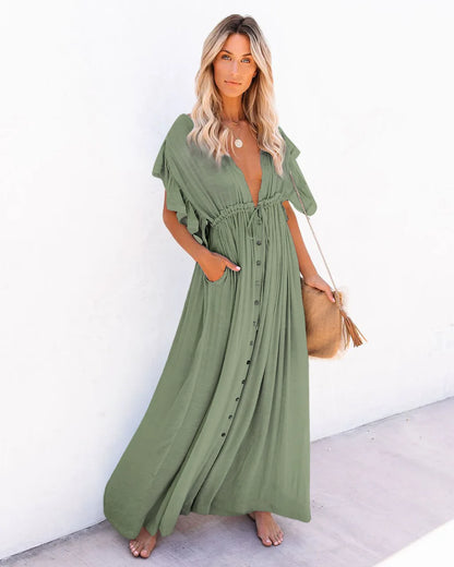 FashionSierra-Sexy  Deep V Neck  Maxi  Women  Backless  White Cotton  Summer  Ruffles  2024  Casual  Beach  Bikini Cover Up  Boho Dress