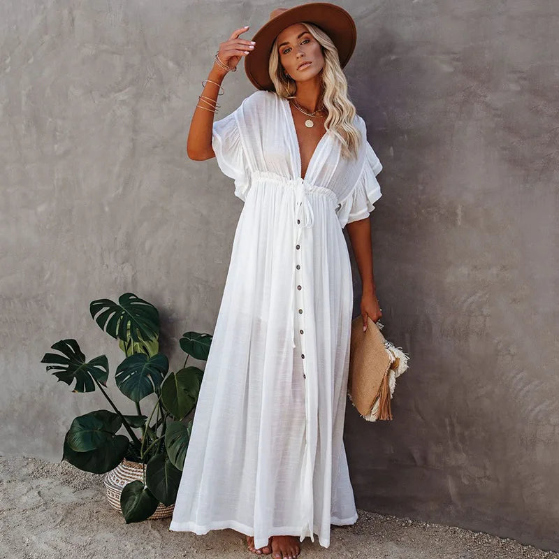 FashionSierra-Sexy  Deep V Neck  Maxi  Women  Backless  White Cotton  Summer  Ruffles  2024  Casual  Beach  Bikini Cover Up  Boho Dress