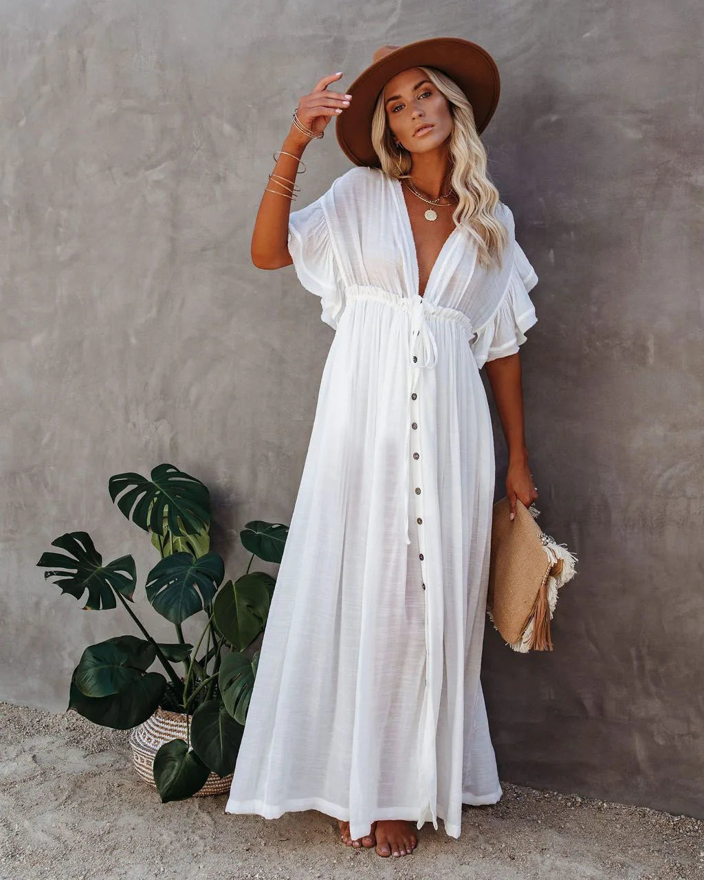 FashionSierra-Sexy  Deep V Neck  Maxi  Women  Backless  White Cotton  Summer  Ruffles  2024  Casual  Beach  Bikini Cover Up  Boho Dress