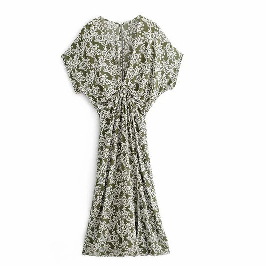 FashionSierra-Sexy  Deep V Neck  Maxi  Women  Vestidos  2025  Vintage Floral Print  Side Split  Summer  Beach  Casual Boho Dress
