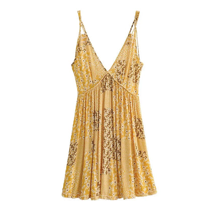 FashionSierra-Sexy  Deep V Neck  Sleeveless  Mini  Beach  Yellow  Cotton  Floral Print  Summer  Backless  Play Boho Dress