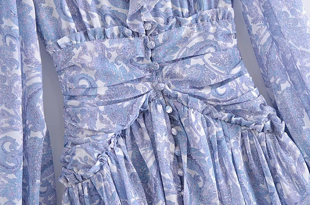 FashionSierra-Sexy  Deep V Neck  Mini  Vintage  Long Sleeve  Elegant  Chiffon  Printed  Party Boho Dress