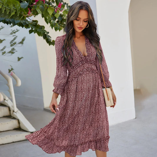 FashionSierra-Sexy  Floral Print  Deep V Neck  Long  Chiffon  Ruffle  Butterfly Sleeve  Spring  Holiday  Mid-calf  Vestidos  Boho Dress