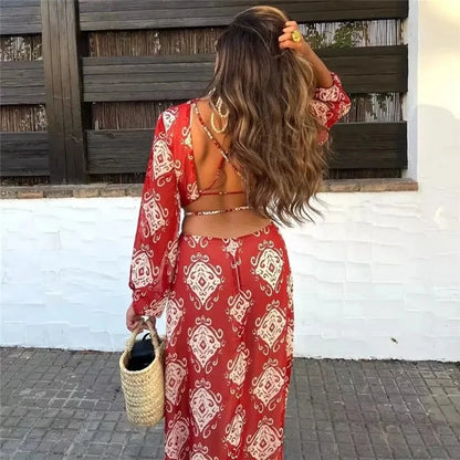 FashionSierra-Sexy  Hollow Out  Backless  Maxi  Women  Long Sleeve  Chiffon Print  Beach  Summer  Casual  Long  Vestidos Boho Dress