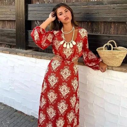 FashionSierra-Sexy  Hollow Out  Backless  Maxi  Women  Long Sleeve  Chiffon Print  Beach  Summer  Casual  Long  Vestidos Boho Dress