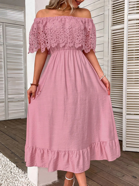 FashionSierra-Sexy  Off Shoulder  Floral Lace  Women  Robe  Casual  Short Sleeve  Elastic Waist  Elegant  Ladies  Vestidos Boho Dress