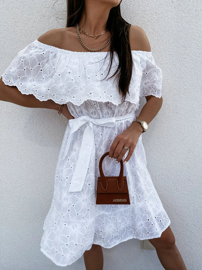 FashionSierra-Sexy  Off Shoulder  Mini  White  Floral Embroidery  Lace  Casual  Short  Beach Wear  Party Boho Dress