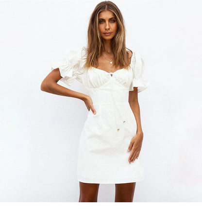 FashionSierra-Sheath  Mini  Women  White Cotton  Elegant  Puff Sleeve  Summer  Square Collar  Bohemian  Short Dress  Vestidos Boho Dress