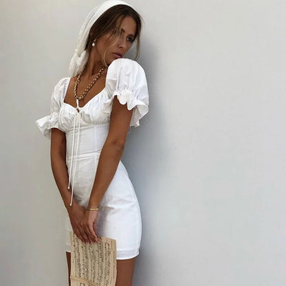 FashionSierra-Sheath  Mini  Women  White Cotton  Elegant  Puff Sleeve  Summer  Square Collar  Bohemian  Short Dress  Vestidos Boho Dress