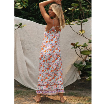 FashionSierra-Sleeveless  Strap  2024 Vintage  Floral Print  Backless  Sexy  Summer  Beach Casual  Women Slip Boho Dress