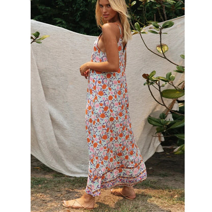 FashionSierra-Sleeveless  Strap  2024 Vintage  Floral Print  Backless  Sexy  Summer  Beach Casual  Women Slip Boho Dress