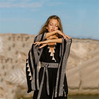 FashionSierra-Swimwear Cover Up  Women 2024  Summer Maxi  Beach Kimono  Vintage  Deep V  Long Sleeve  Loose  Holiday Boho Dress
