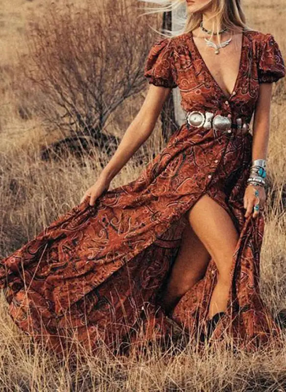FashionSierra-V Neck  Maxi  Women  Vintage  2024  Floral Print  Puff Sleeve  Summer  Robe  Gypsy  Hippie  Vestidos Boho Dress
