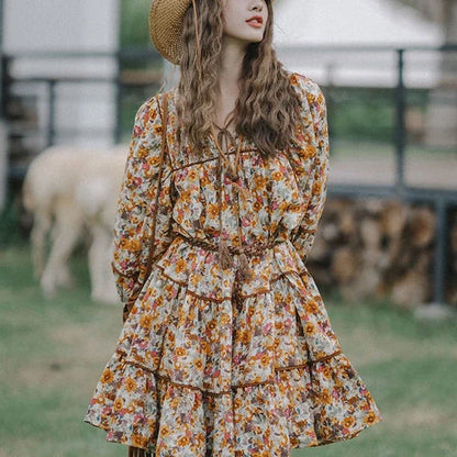 FashionSierra-Vintage  Floral Print  Mini  For Women  Tunic  Tassel  Casual  Lantern Long Sleeve  Autumn  A-line  Vestidos Boho Dress