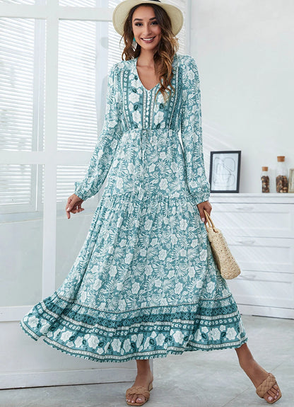 FashionSierra-Vintage  Cotton Rayon  Ethnic Floral Print  Maxi  Women  Robe  Casual  Long Sleeve  Autumn  V-neck  Vestidos Boho Dress
