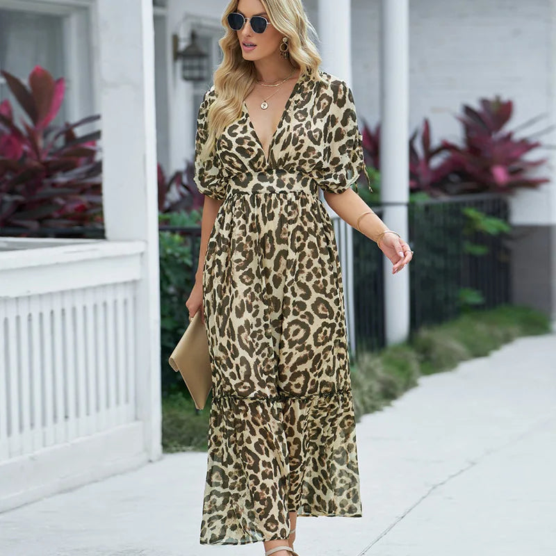 FashionSierra-Vintage  Deep V Neck  Short Sleeve  Maxi  Women  Robe  Chiffon  Leopard Printed  Summer  Ladies  Vestidos  2024  Boho Dress