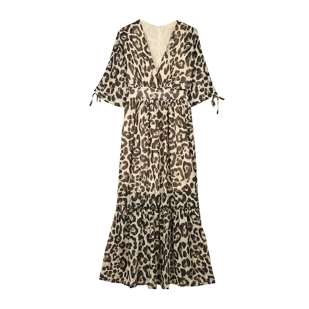 FashionSierra-Vintage  Deep V Neck  Short Sleeve  Maxi  Women  Robe  Chiffon  Leopard Printed  Summer  Ladies  Vestidos  2024  Boho Dress