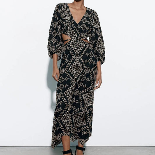 FashionSierra-Vintage  Ethnic Embroidery  Women  Party  Sexy  Deep V-neck  Backless  Long Sleeve  Beach  Summer  Vestidos  Boho Dress