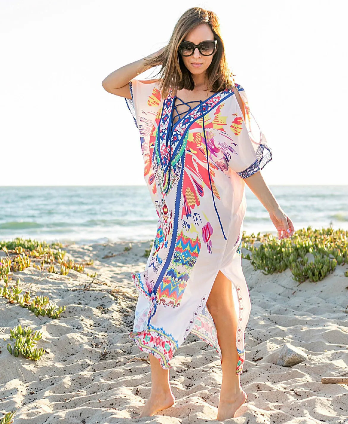 FashionSierra-Vintage  Ethnic  Floral Print  Swim Bikini Cover Up  Beach Wear  Oversize  Summer  Long Boho Dress