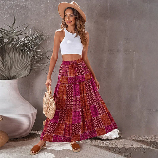 FashionSierra-Vintage  Ethnic Plaid  Loose  Summer  Skirts  For Women  Casual  Ruffles  High Waist  Skirt  2024  Elegant  Beach Wear  Long Skirts  Boho Dress
