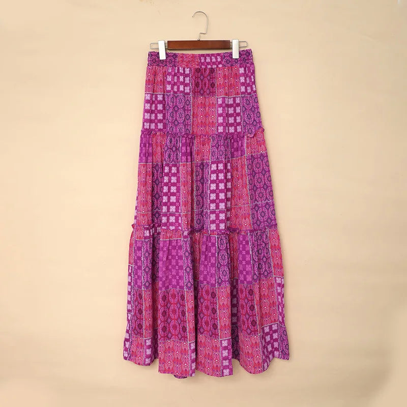 FashionSierra-Vintage  Ethnic Plaid  Loose  Summer  Skirts  For Women  Casual  Ruffles  High Waist  Skirt  2024  Elegant  Beach Wear  Long Skirts  Boho Dress