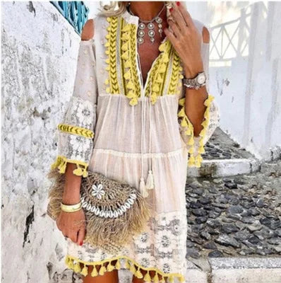 FashionSierra-Vintage  Long Sleeve  Mini  Women  Beach Wear  Deep V  Tassel  Summer  2025  Floral Embroidery  Lace  Vestidos Boho Dress