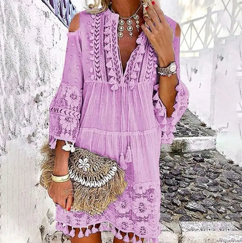 FashionSierra-Vintage  Long Sleeve  Mini  Women  Beach Wear  Deep V  Tassel  Summer  2024  Floral Embroidery  Lace  Vestidos Boho Dress