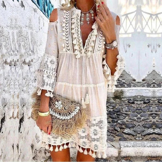 FashionSierra-Vintage  Long Sleeve  Mini  Women  Beach Wear  Deep V  Tassel  Summer  2025  Floral Embroidery  Lace  Vestidos Boho Dress