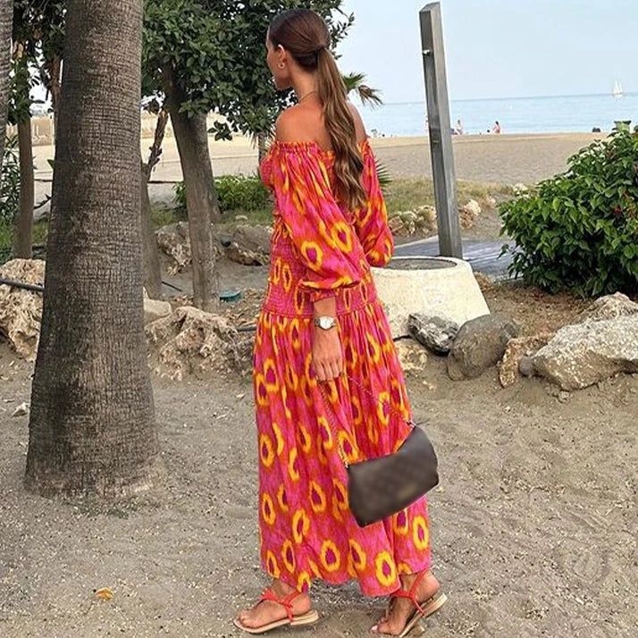 FashionSierra-Vintage  Puff Sleeve  Beach  Women  Robe  Sexy  Off Shoulder  Slash Neck  Rayon  Summer  Casual  Long Boho Dress