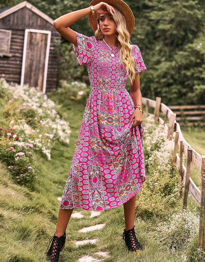FashionSierra-Vintage  Ruffles Sleeve  Long  For Women  Robe  Beach  Bohemia  Rayon Floral Print  Summer  Shirred  Vestidos Boho Dress